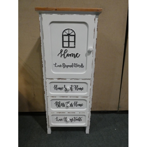 3133 - A white painted wood/tin plate 3 drawer/1 door cabinet * this lot is subject to VAT