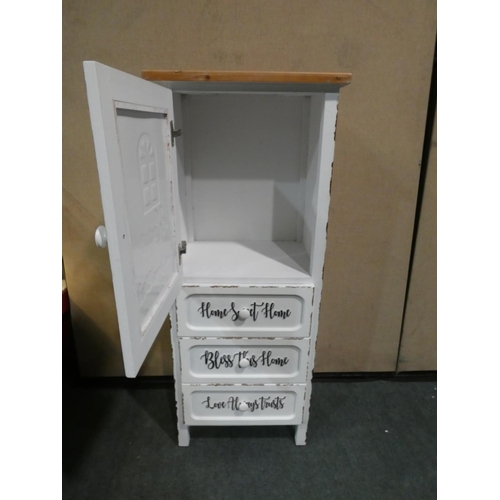 3133 - A white painted wood/tin plate 3 drawer/1 door cabinet * this lot is subject to VAT