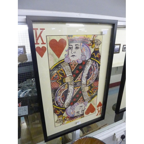 1338 - A framed and glazed King of Hearts playing card collage print, 90 x 60 cms (MP13748)   #