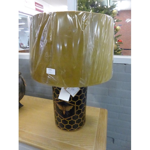 1370 - A black and gilt honeycomb pattern table lamp with bee motif and gold fabric shade (2068944)   #