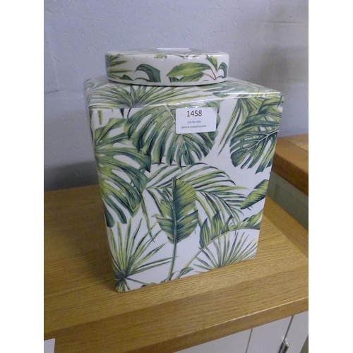 1458 - A 24cm square ceramic tropical leaf jar and cover (BP28717)   #