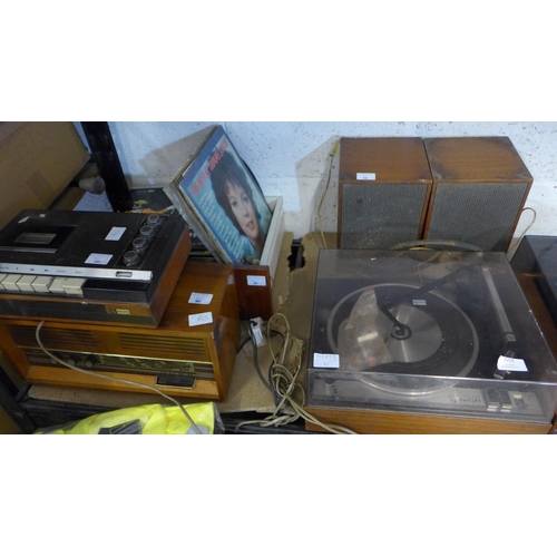 2059 - Philips record player with speakers, Philips tape deck, Melody radio with container of records