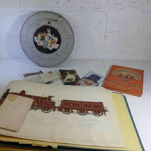 2094 - Box containing quantity of vintage postcards, railway and train book and WB film can