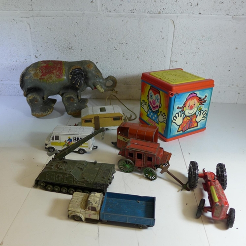 2107 - Box of old Dinky/Matchbox vehicles etc, vintage toy elephant, Mattel Jack in the Music Box, 3 CD set... 