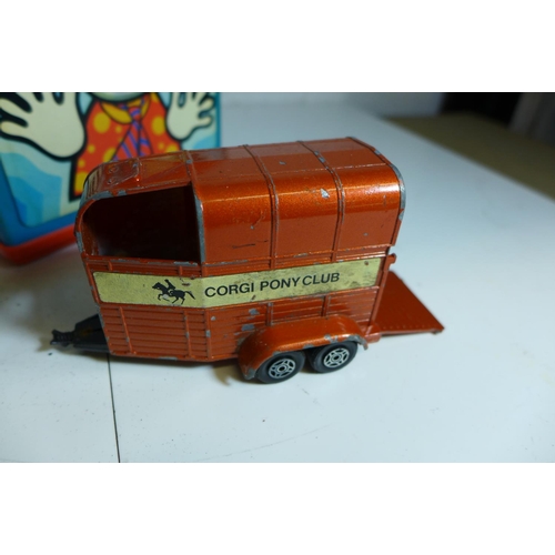 2107 - Box of old Dinky/Matchbox vehicles etc, vintage toy elephant, Mattel Jack in the Music Box, 3 CD set... 