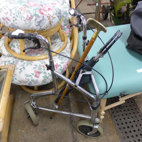 2330 - 3 Wheel disabled walker, walking stick and a sports umbrella