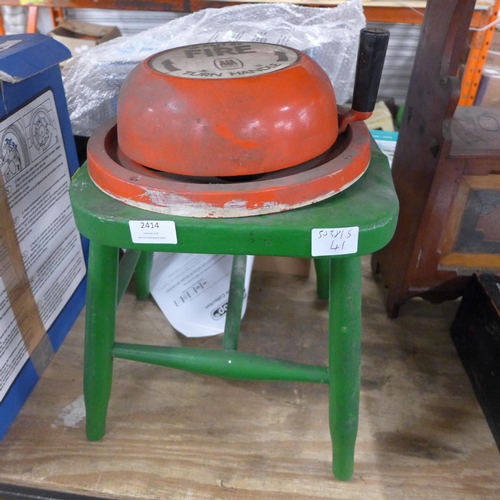 2414 - Vintage handled fire alarm, green wooden milking stool