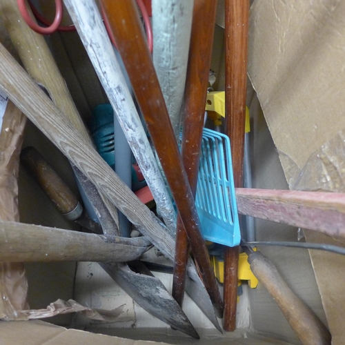 2430 - Box of misc. garden tools inc. spade, rake, Bosch Combitrim, etc.