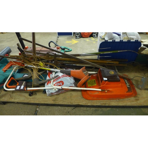 2478 - Qty. of garden tools with Flymo lawn mower, electric strimmer & hedge cutter, etc.