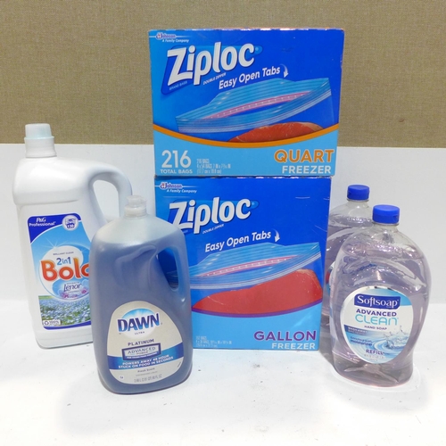 3267 - Ziploc Freezer Quart Bags, Bold Laundry Liquid (4.55Ltr), Essensa Hand Soap bottles (2x 2.36L) Dawn ... 