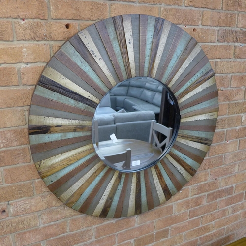 1598 - A multi-coloured wooden round wall mirror, diameter 91cms (110212494)   #