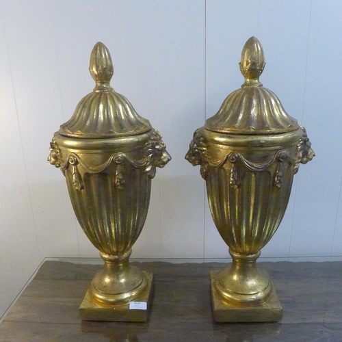 1604 - A pair of gilt George III style fluted urns, 60cms high (20038954)   #
