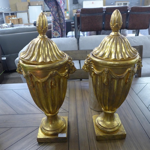 1604 - A pair of gilt George III style fluted urns, 60cms high (20038954)   #