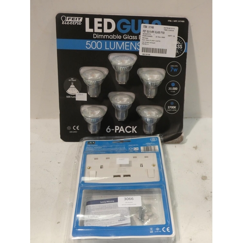 3066 - 6 Feit Gu10 Bulbs & BG twin USB sockets (214-511) * This Lot Is Subject To Vat