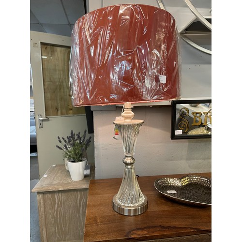 1555 - A fluted glass table lamp with coral velvet shade (2023230)   #