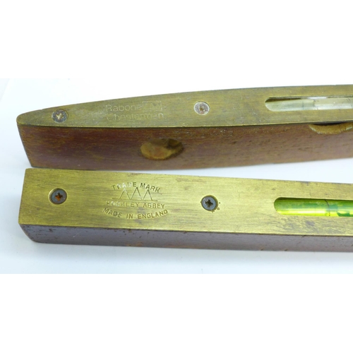 676 - Six brass mounted spirit levels, two by Rabone and one marked Hockley Abbey