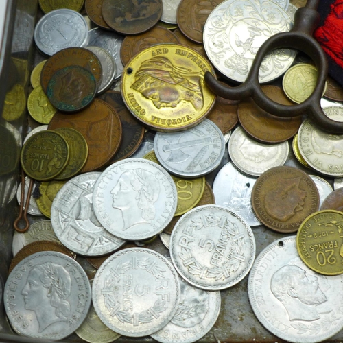 685 - A collection of coins and medallions, a corkscrew, Derby Angling Association badge, etc.