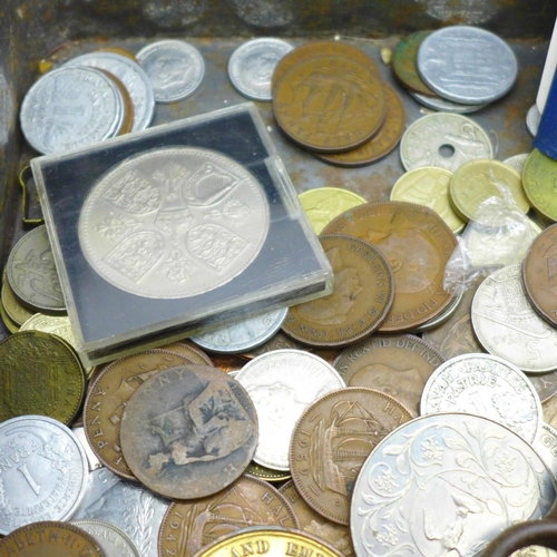 685 - A collection of coins and medallions, a corkscrew, Derby Angling Association badge, etc.