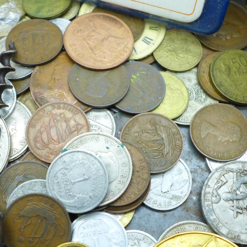 685 - A collection of coins and medallions, a corkscrew, Derby Angling Association badge, etc.