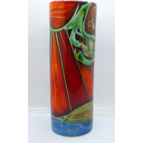 688 - An Anita Harris Tube vase in the Sun in Forest design, signed in gold on the base, 22cm