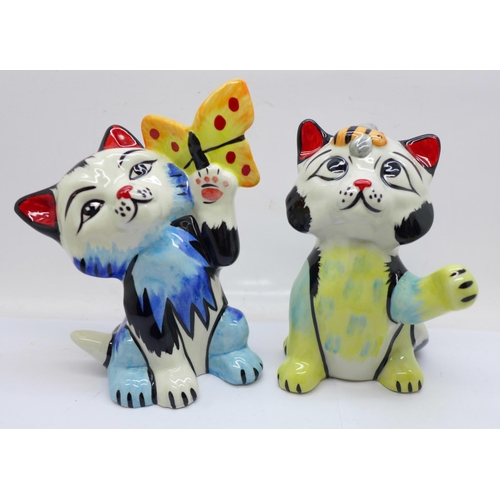 691 - Two Lorna Bailey cats, Busy Bee the Cat, 12cm, and Butterfly Cat, 13cm, both have Lorna Bailey signa... 