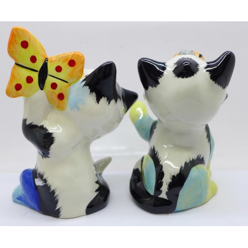 691 - Two Lorna Bailey cats, Busy Bee the Cat, 12cm, and Butterfly Cat, 13cm, both have Lorna Bailey signa... 