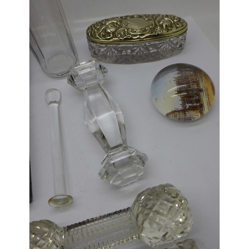 705 - Nine glass knife rests, a set of plated Apostle spoons and two glass dressing table containers with ... 