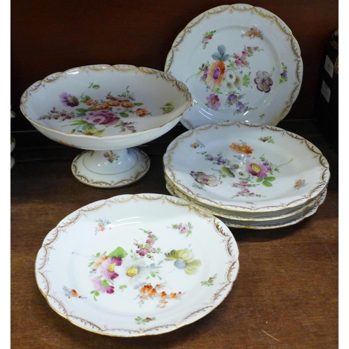 711 - A Dresden comport and five Dresden plates, two a/f