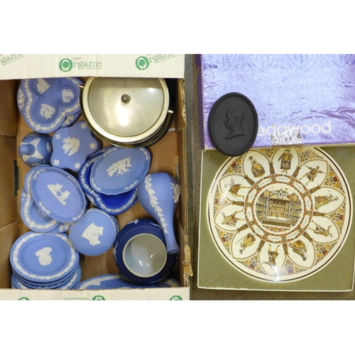 713 - A collection of Wedgwood Jasperware and an Adams biscuit barrel