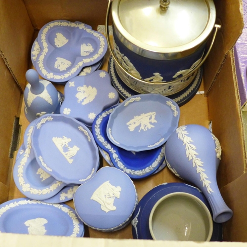 713 - A collection of Wedgwood Jasperware and an Adams biscuit barrel