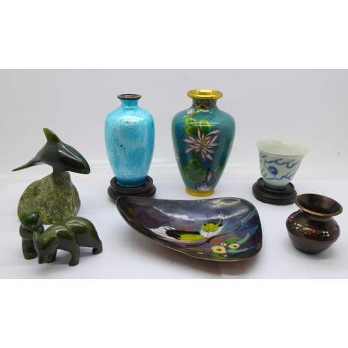 716 - Two small cloisonne vases and stands, three jade carvings, dolphin, bear x2, small metal vase, an en... 