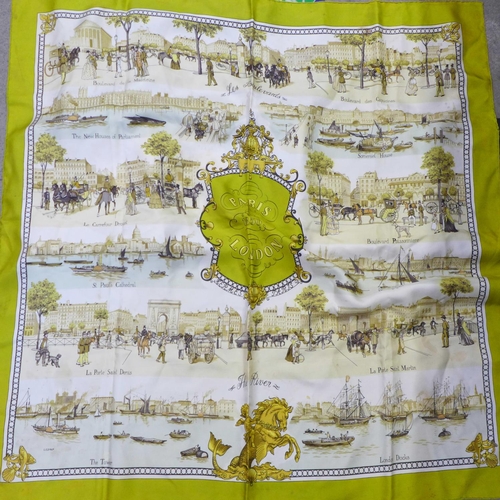 733 - A collection of seven Hermes scarves; one boxed and six others including 'Paris, London, 1850, Les B... 