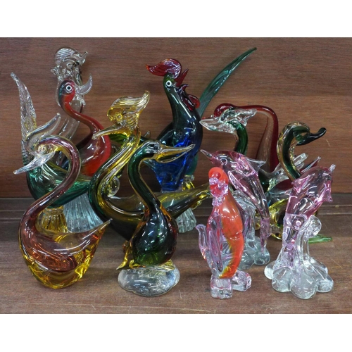 736 - Fourteen glass models; twelve birds and two dolphins, one bird a/f, chip on head