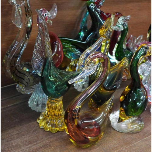 736 - Fourteen glass models; twelve birds and two dolphins, one bird a/f, chip on head