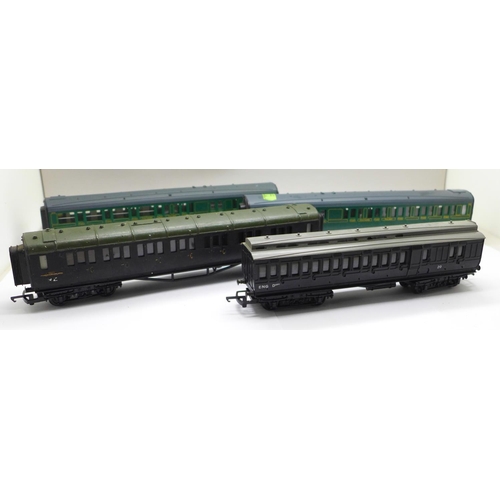 740 - Four OO gauge railway carriages; three Hornby and one Tri-ang