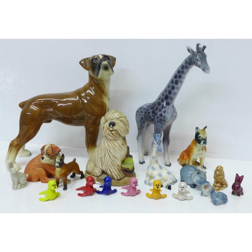 750 - A West German model of a giraffe, a small Szeiler giraffe, boxer dogs, Wade Whimsies and similar com... 