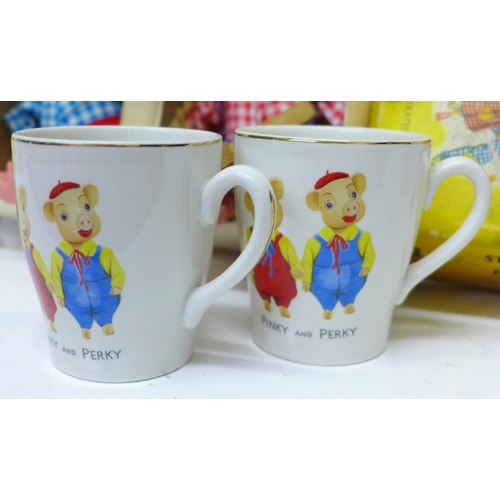 757 - Pelham Puppets; Pinky and Perky, both boxed and two 1960's mugs