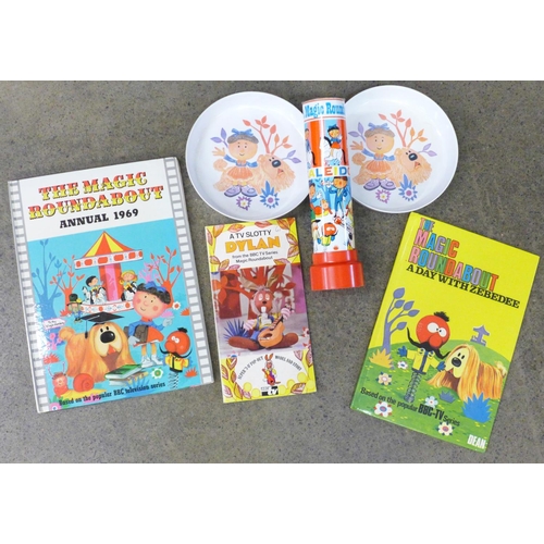 758 - Magic Roundabout collection; dishes, kaleidoscope and books