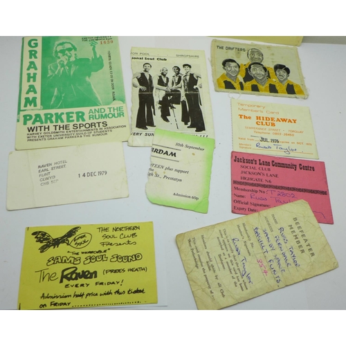 761 - Northern Soul ephemera including a Graham Parker and The Rumour ticket stub, Northern Soul Club tick... 