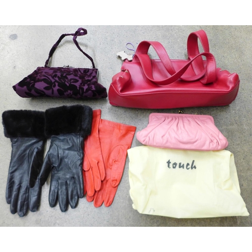 782 - Two pairs of leather gloves, handbags including Radley, etc.