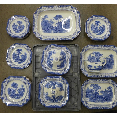 790 - An Adams Landscape pattern blue and white dinner service, six setting, with two tureens, three servi... 