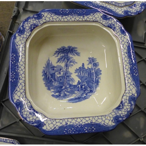 790 - An Adams Landscape pattern blue and white dinner service, six setting, with two tureens, three servi... 