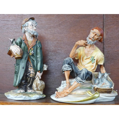 1278D - A Capodimonte figure of a gentleman with fish, a/f, (missing two toes on one foot) and one other con... 