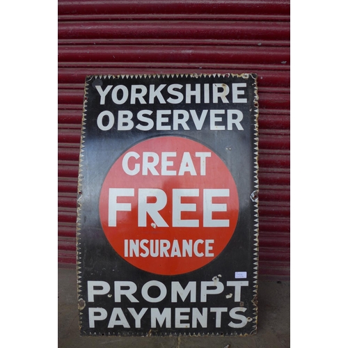 462 - An enamelled Yorkshire Observer advertising sign, 92cm x 60cm