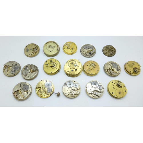 1011 - Seventeen pocket watch movements, three with silver dials