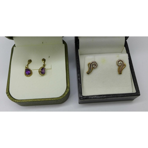 1044 - Five pairs of 9ct gold earrings, two other pairs and two single earrings, total weight 5.9g