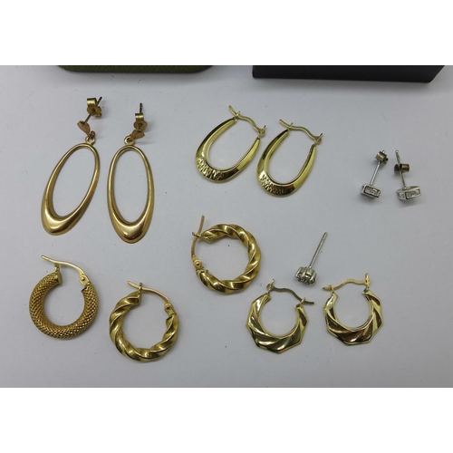 1044 - Five pairs of 9ct gold earrings, two other pairs and two single earrings, total weight 5.9g