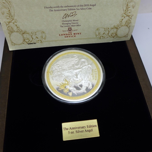 1053 - Coin;-2020 Angel-The Anniversary Edition 5oz. Silver Angel, The London Mint Office issued by Isle of... 