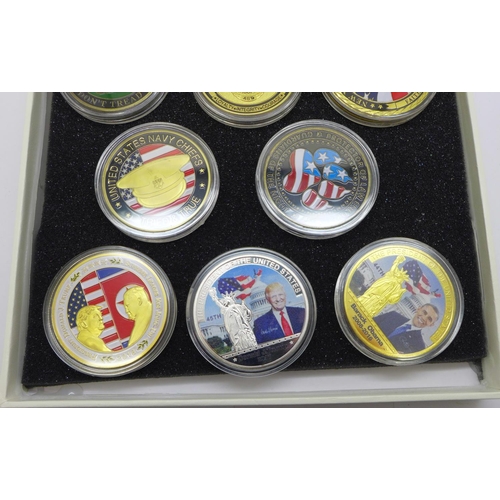 1054 - Eight commemorative coins from the United States of America, presidents Donald Trump, Barack Obama, ... 