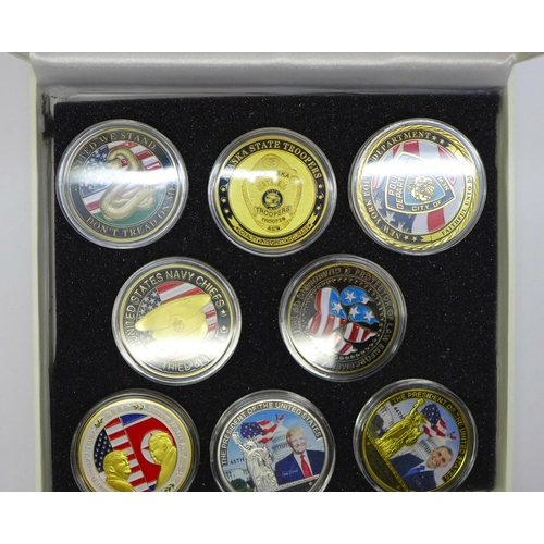 1054 - Eight commemorative coins from the United States of America, presidents Donald Trump, Barack Obama, ... 